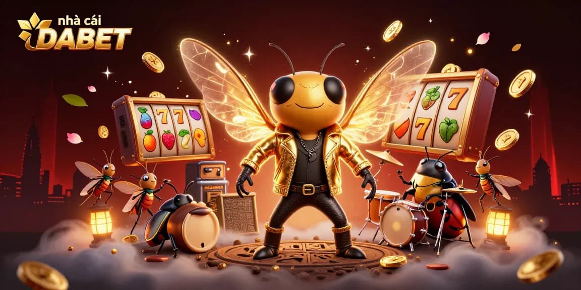 Engage in thrilling gameplay with nhà cái DABET, showcasing vibrant slot reels, golden coins, and lively characters.