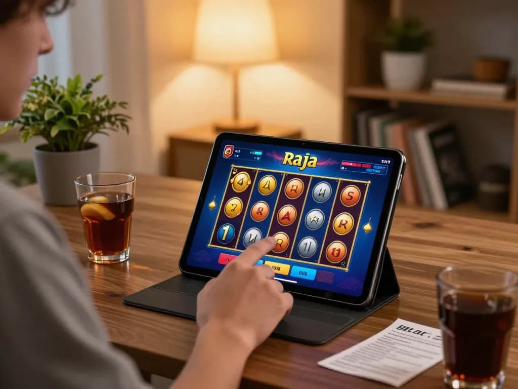 Pemain yang terlibat memutar permainan raja slot di tablet dalam pengaturan permainan yang nyaman, menunjukkan kegembiraan dan strategi.