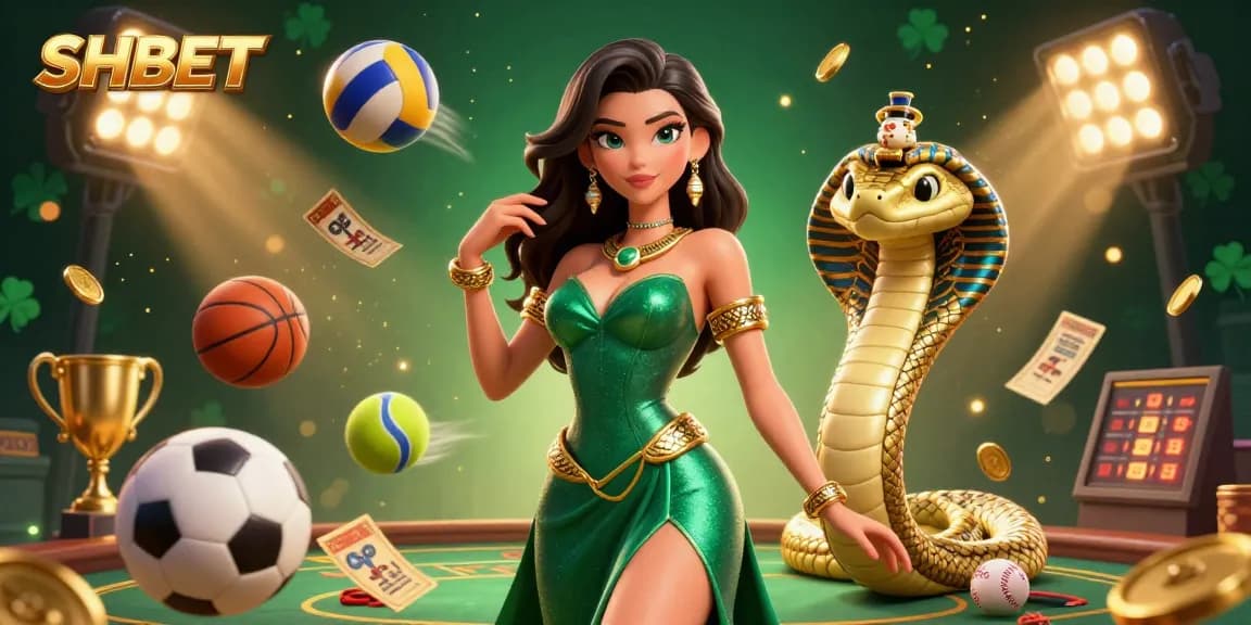 Engage with SHBET's dynamic sports betting experience featuring a captivating woman and animated game elements.