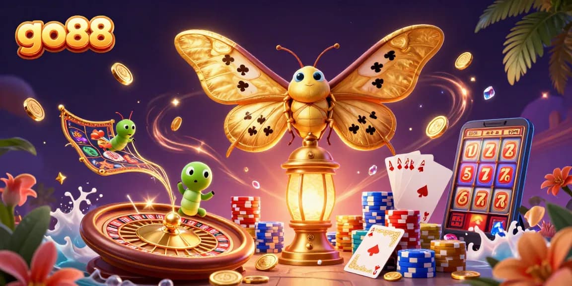 Experience excitement at go88 with a vibrant illustration showcasing dazzling casino elements and a majestic moth.