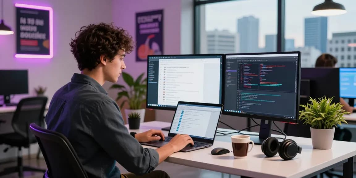 Using Telegram web version for messaging in a vibrant tech workspace with modern decor.