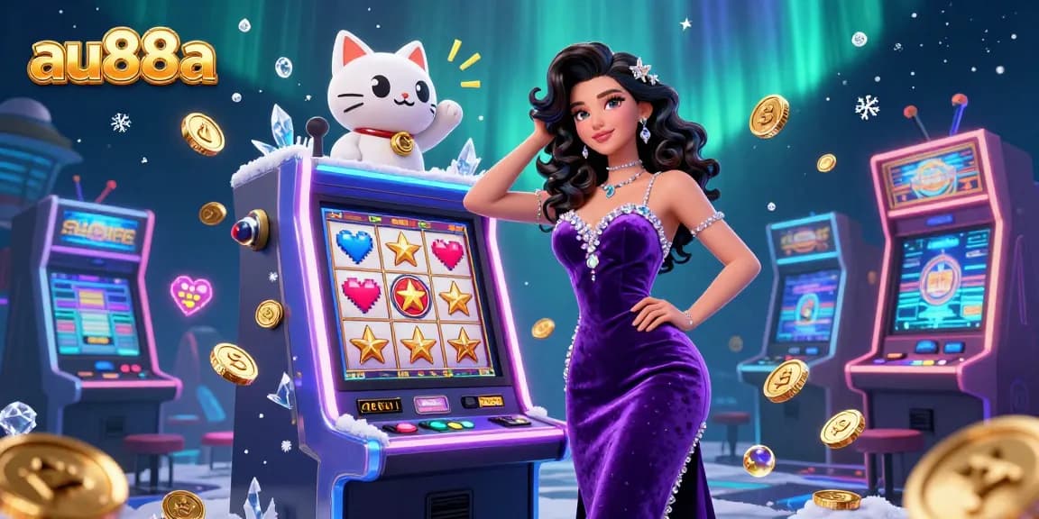 Engage with the vibrant jackpot scene at au88a, showcasing a glamorous player, slot machine, and winning coins.