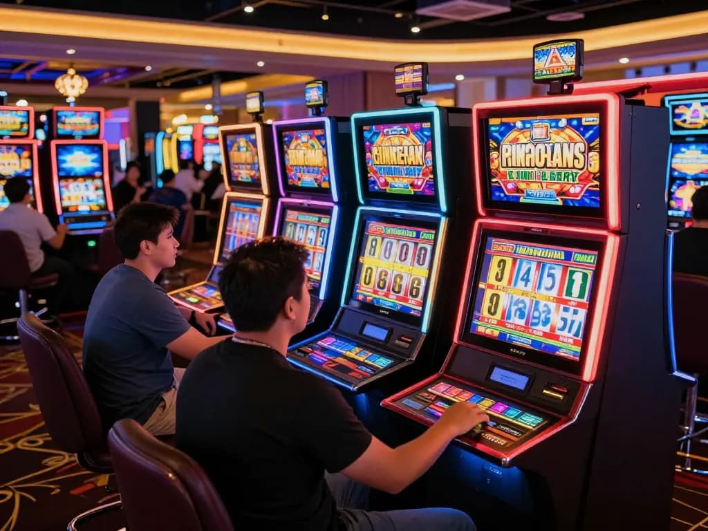 Engaged players spinning slots at f168 casino, vibrant atmosphere full of excitement