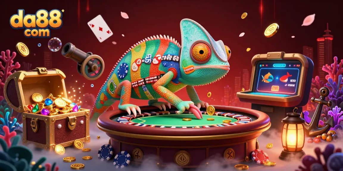 Experience the dynamic gaming scene at da88 com with a vibrant chameleon casino owner and treasure elements.