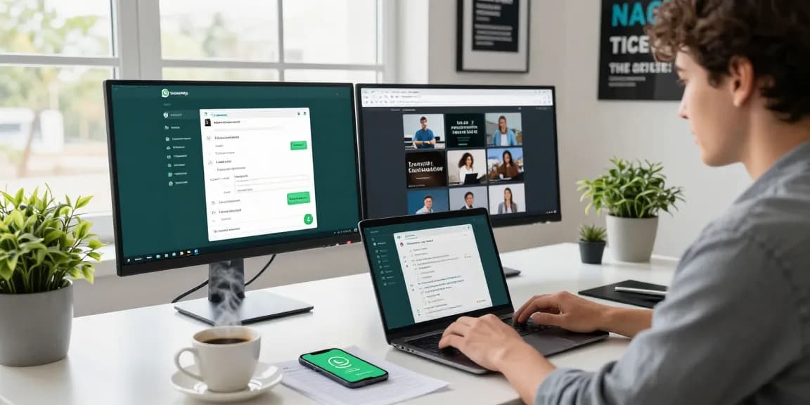 Professional using WhatsApp網頁版 on a modern workspace with laptops and coffee.