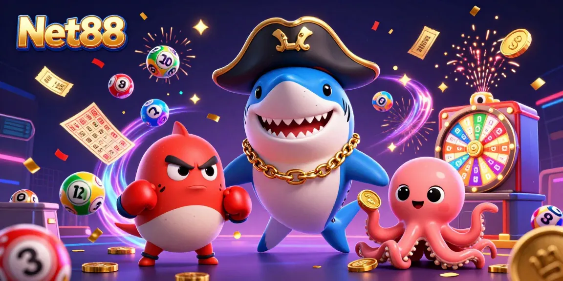 Net88's dynamic gambling scene featuring a pirate shark, a pufferfish, and an octopus with colorful lottery elements.