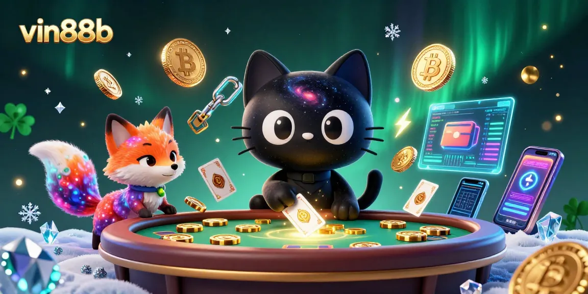 Experience the cosmic charm of vin88b with animated characters pulling in crypto chips and cards.