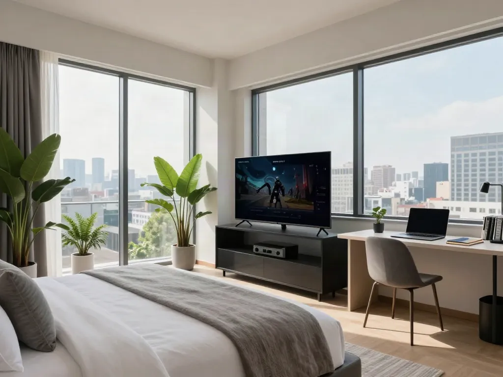 Comfortable hotel room at ROKOK88 with gaming setup and stylish decor