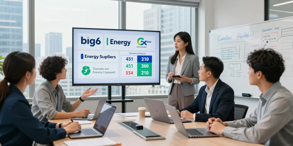 Collaboration among professionals reviewing big 6 energy suppliers in a modern office setting.