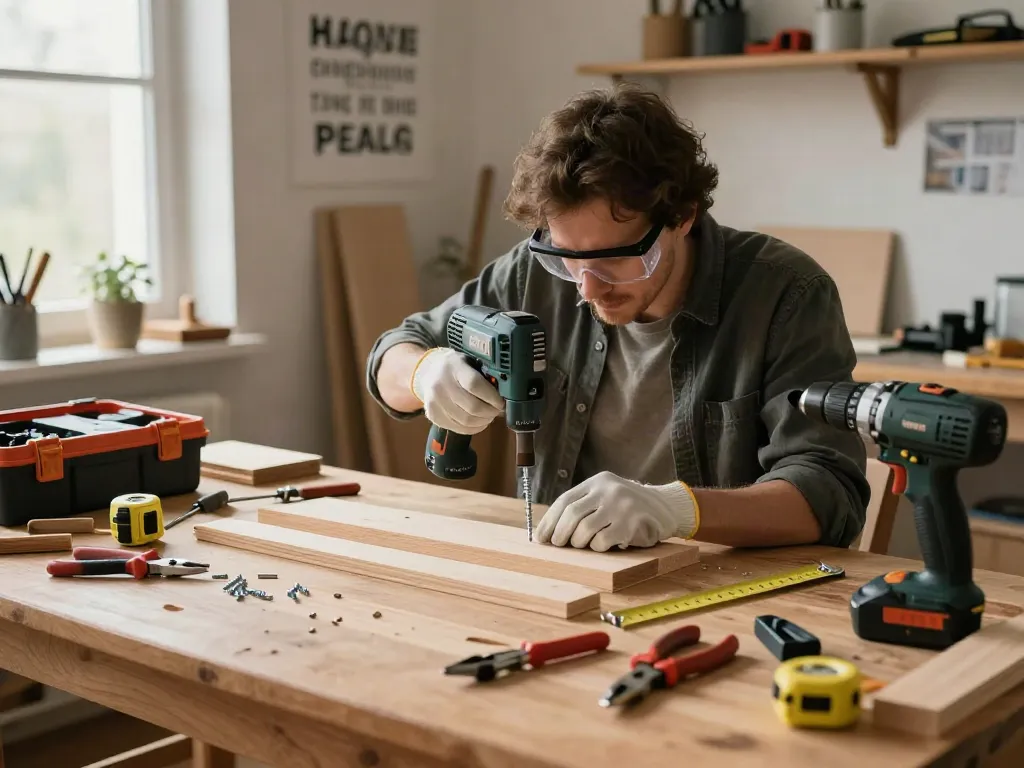 Cricchetto elettrico in uso su un progetto di legno, con attrezzi e luce naturale che creano un'atmosfera creativa.