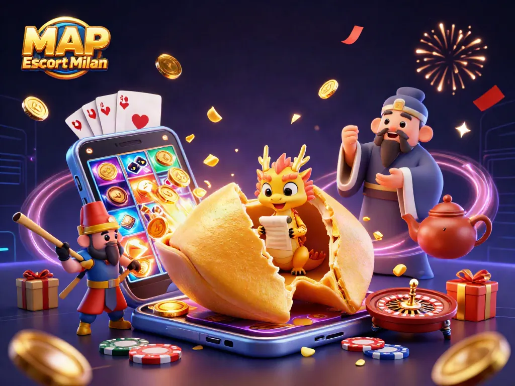 Engaging MAP Escort Milan scene with fortune cookie, dragon, and slot game excitement.