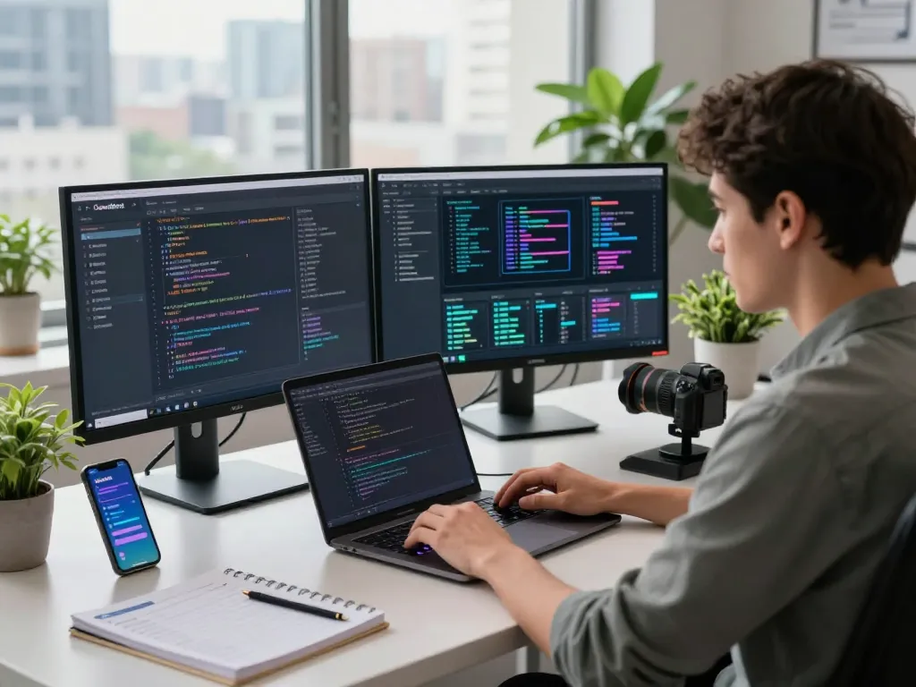 Developer utilizing Clawdbot AI on dual monitors in a modern workspace