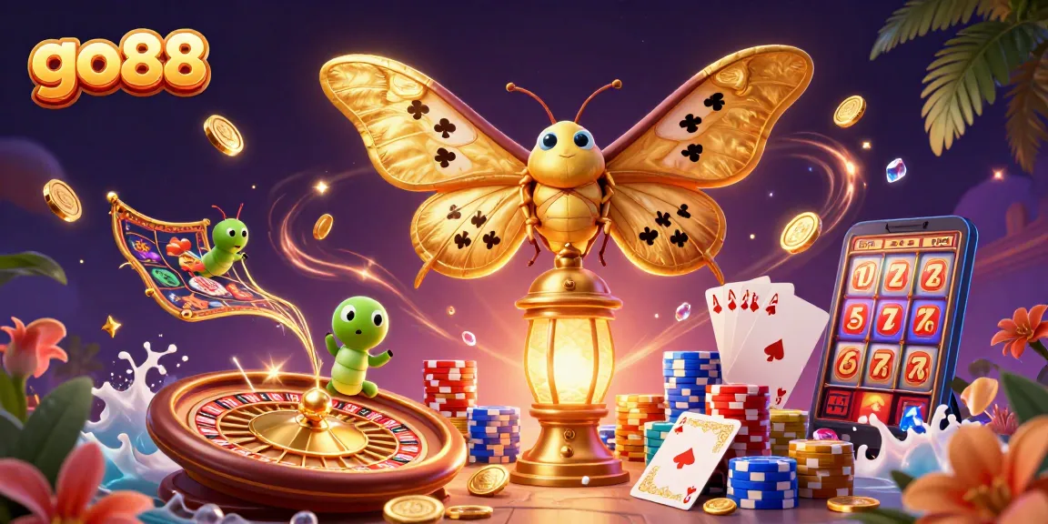 Experience excitement at go88 with a vibrant illustration showcasing dazzling casino elements and a majestic moth.
