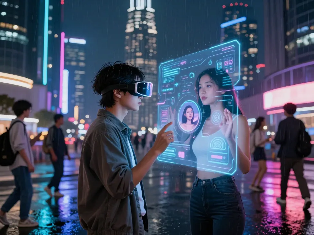 Person interacting with an ai sex virtual companion in a futuristic urban environment, showcasing advanced technology and relationships.