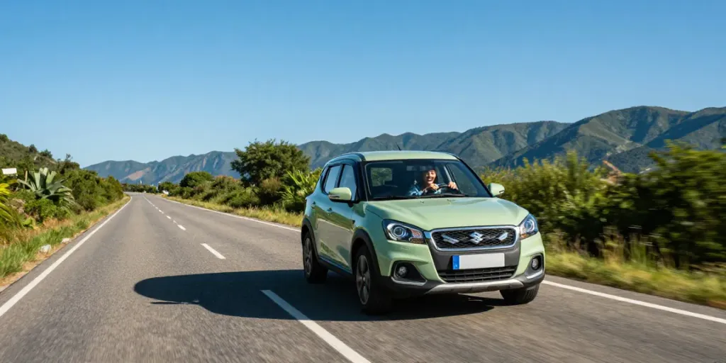 Noleggio lungo termine Suzuki con auto in viaggio su strada panoramica, evidenziando avventura e libertà.