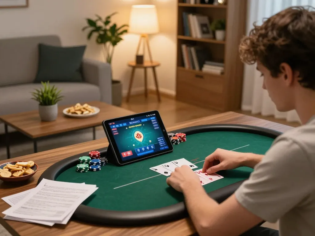 Engaging online gameplay of gamebaidoithuong on a tablet, showcasing a poker session in a cozy home environment.