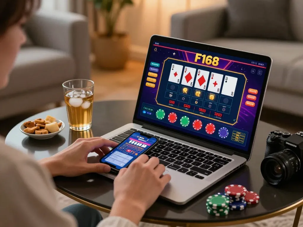 Person engaging in online gambling at trang chủ F168 while showing a vibrant casino game interface.