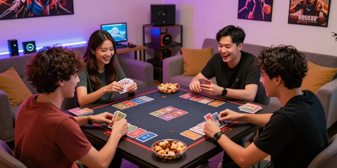 Engaging rokok88 card game night with friends in a cozy setting, highlighting playful interactions.