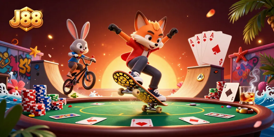 Engage with J88 in this vibrant 3D illustration featuring a fox and rabbit in a lively casino setting.