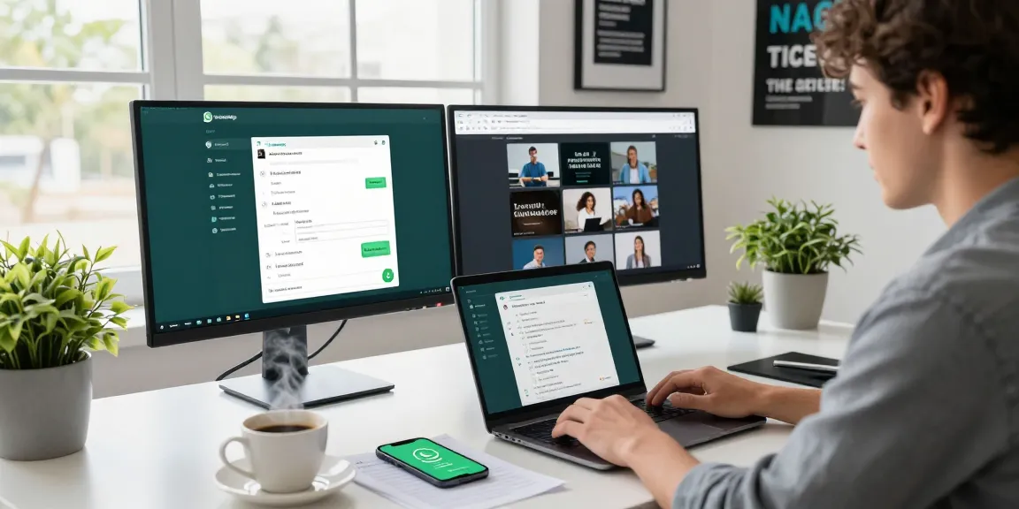 Professional using WhatsApp網頁版 on a modern workspace with laptops and coffee.
