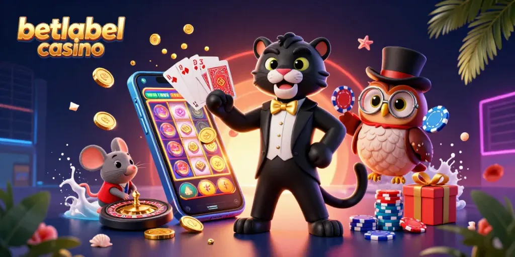 Experience the thrill of betlabel casino with vibrant characters and game elements in an artistic scene.