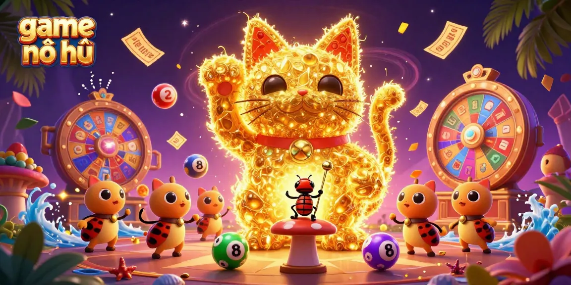 Experience the excitement of game nổ hũ with a dynamic illustration of a giant lucky cat and vibrant casino symbols.