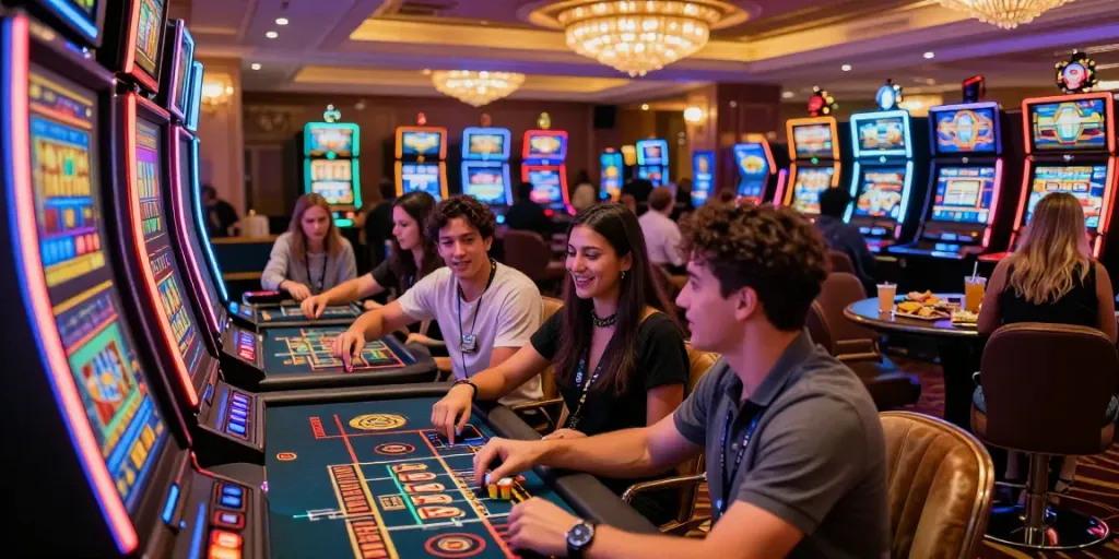 rokok88 slot login excitement at a high-stakes casino slot machine with friends in a glamorous setting