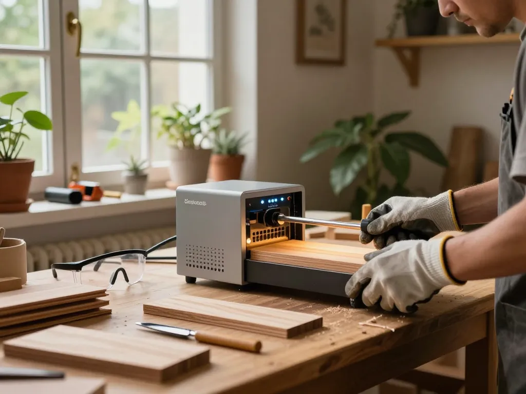 Un artigiano che utilizza la tecnologia delle microonde antitarlo in un laboratorio per un trattamento efficace del legno.