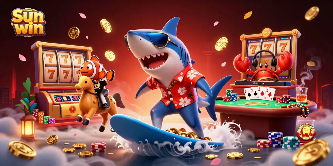 Experience the thrill of Sun win with a cartoon shark, clownfish, and crab in a jackpot scene!