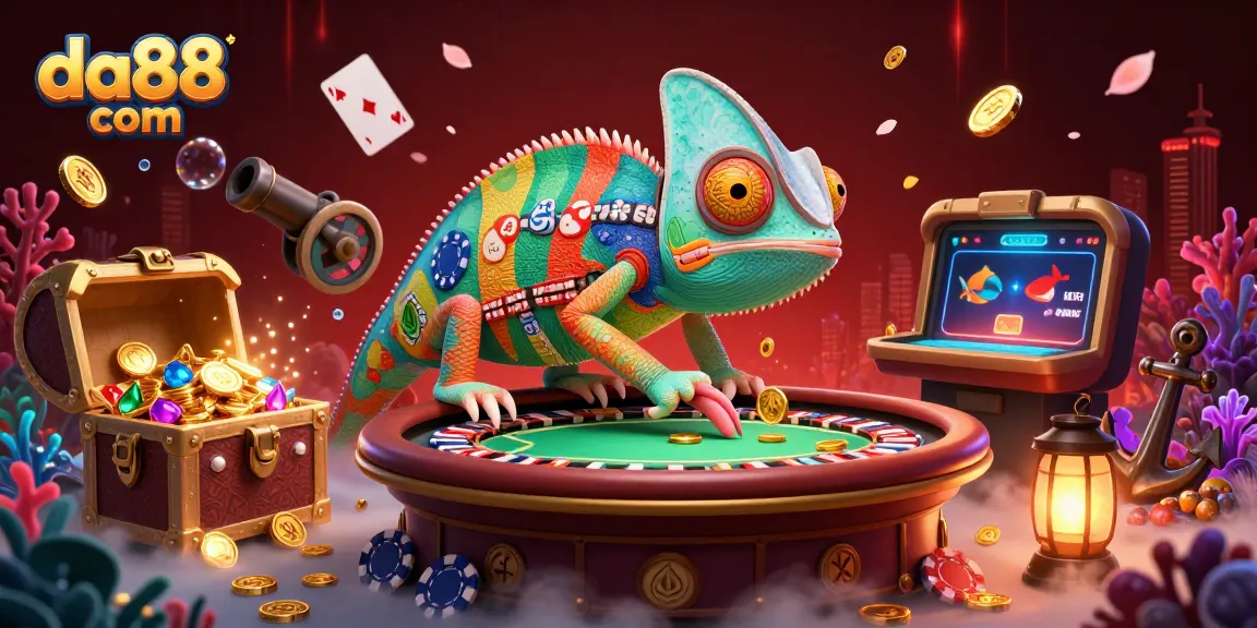 Experience the dynamic gaming scene at da88 com with a vibrant chameleon casino owner and treasure elements.