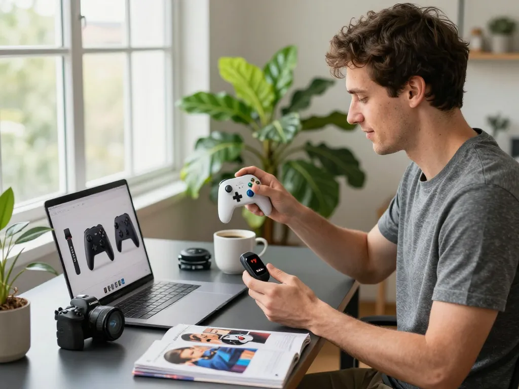 Showcasing the best tech gadgets for men in a modern workspace with Bluetooth devices and accessories.