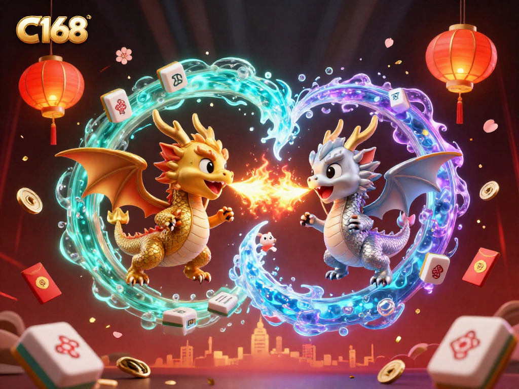 C168 players can enjoy a vibrant depiction of gaming excitement featuring majestic dragons, rewarding symbols, and festive elements.