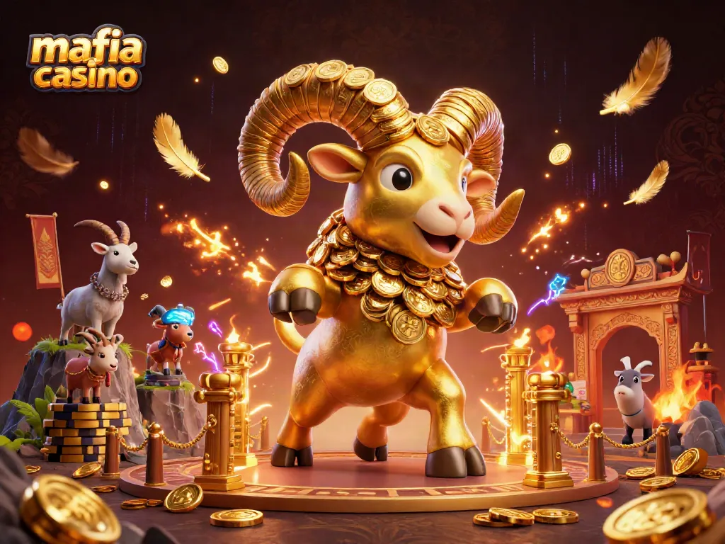 Mafia casino scene with a golden ram charging through a lavish gateway, surrounded by gambling elements.