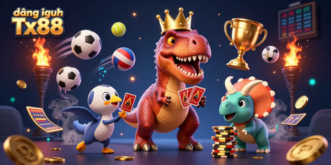 Engage in winning strategies at đăng nhập Tx88 with a playful dinosaur-inspired casino scene.