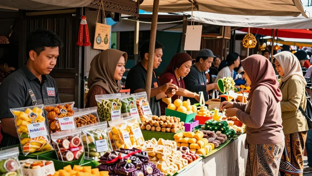 Explore rokok88 alternatif with vibrant Indonesian snacks and beautifully packaged gifts at a lively market.