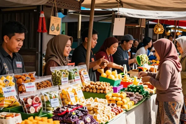 Explore rokok88 alternatif with vibrant Indonesian snacks and beautifully packaged gifts at a lively market.